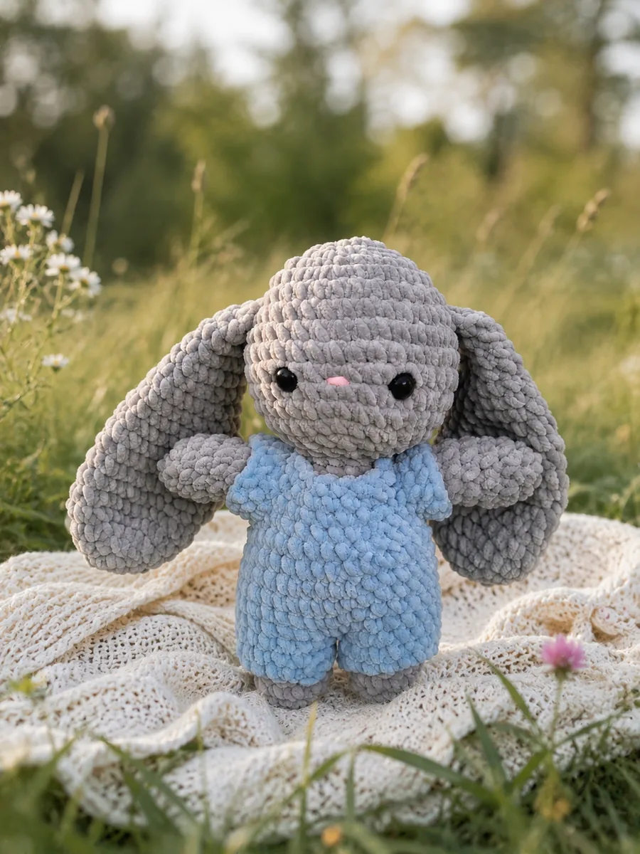 Peluche lapin au crochet en salopette bleue, dans l'herbe