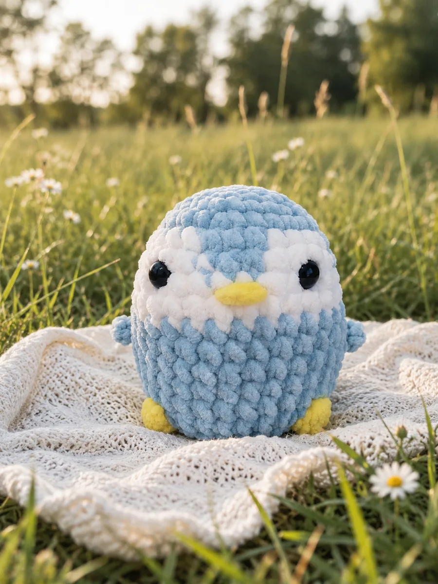Peluche pingouin au crochet en bleu clair et blanc