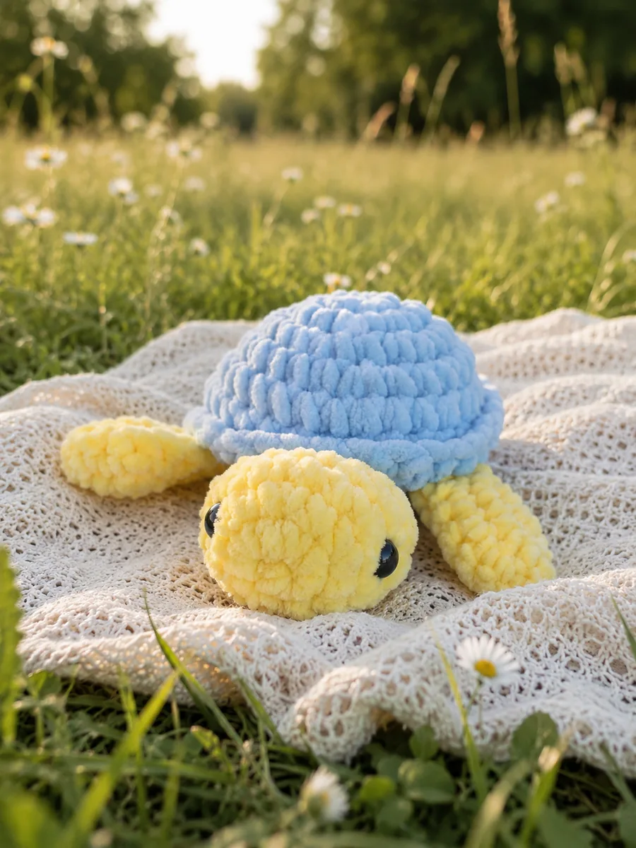 Peluche tortue au crochet en bleu clair et jaune