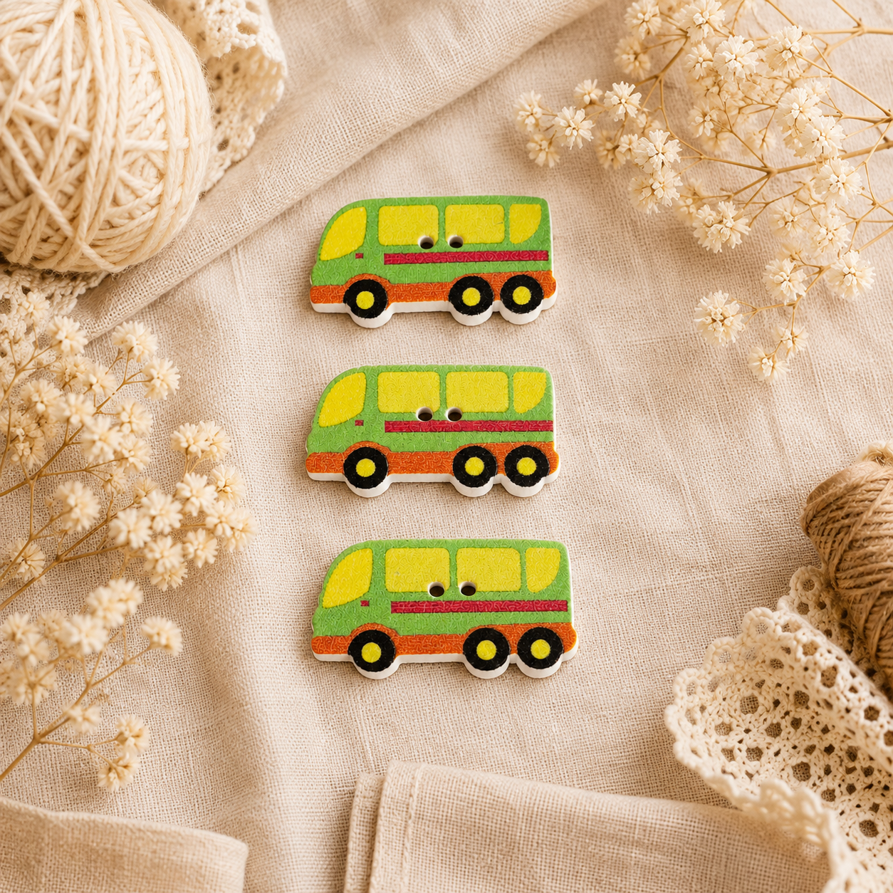 Boutons en bois « Jaune bus/Vert »
