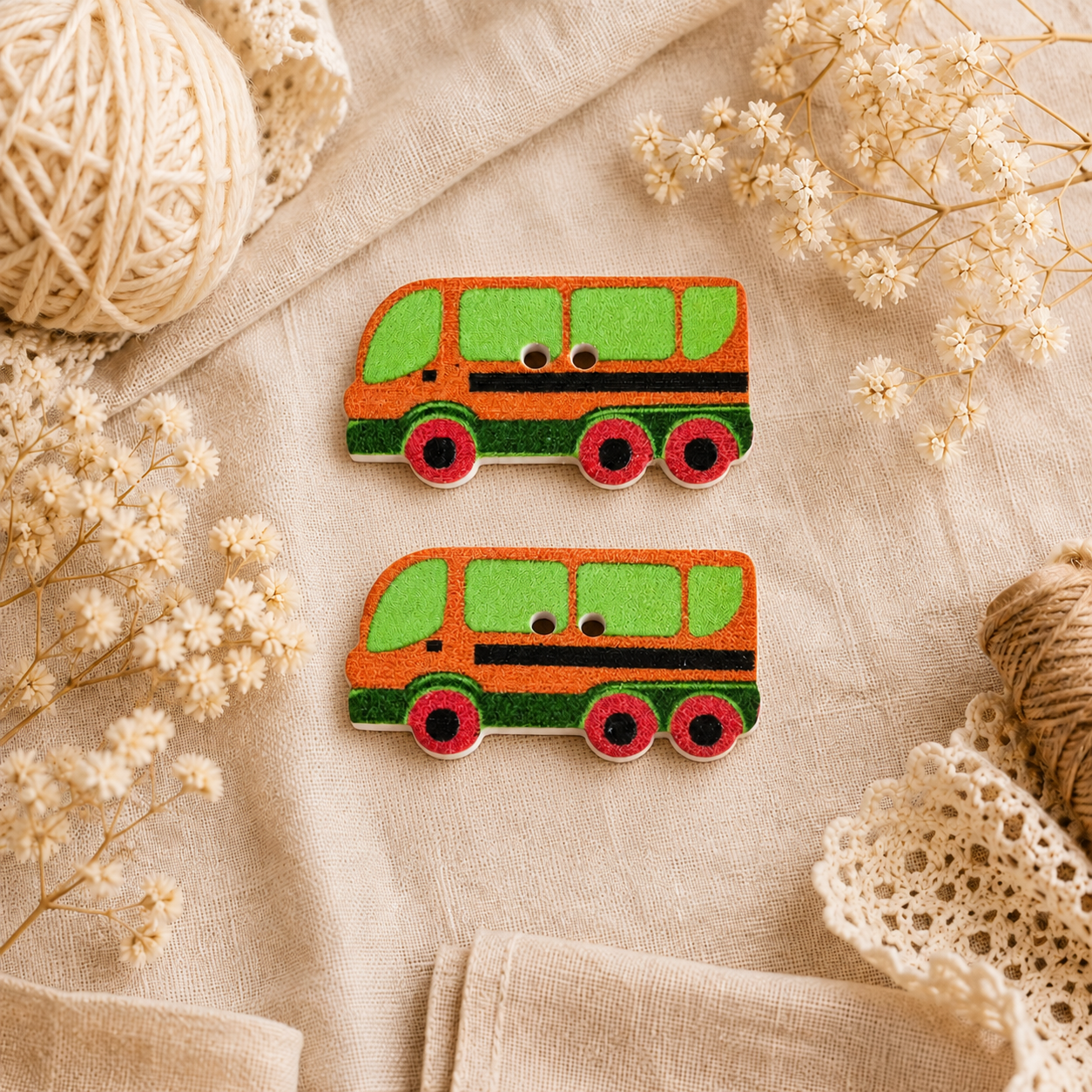 Boutons en bois « Bus vert/orange »