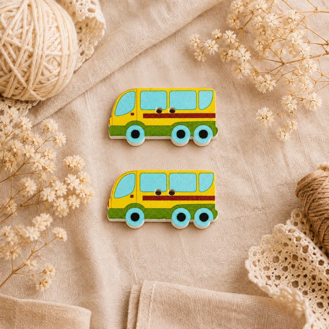 Boutons en bois « Jaune bus/Bleu »