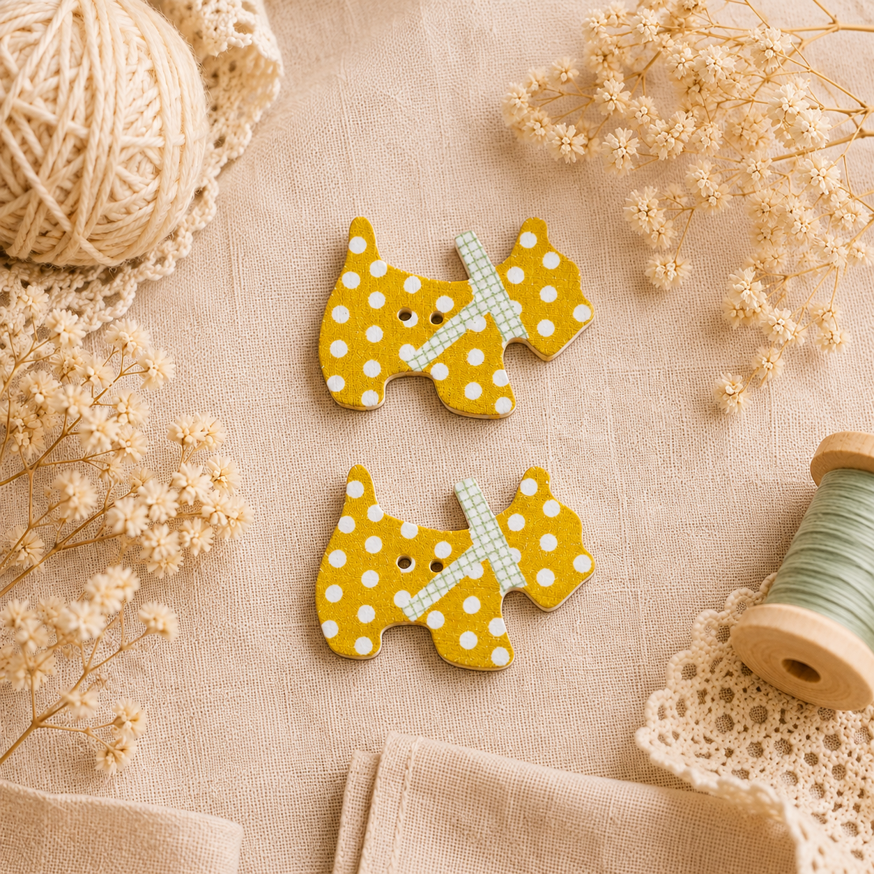 Boutons en bois « Chien - Jaune »