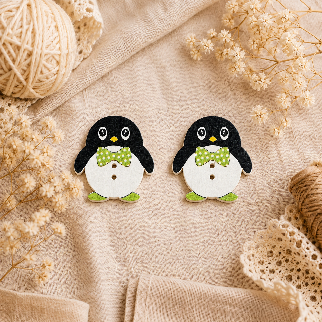 Boutons en bois « Pingouin - Nœud papillon vert »