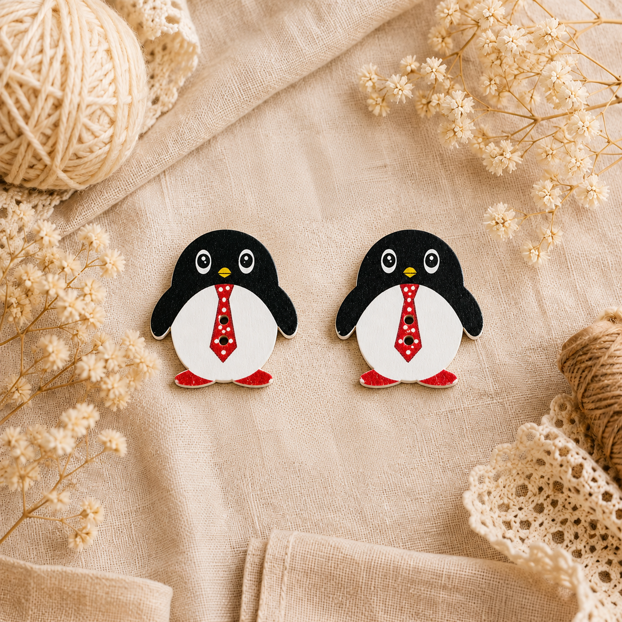 Boutons en bois « Pingouin à cravate rouge »