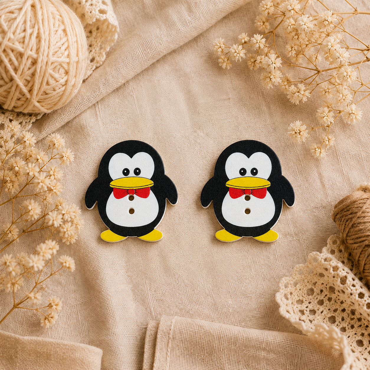 Boutons en bois « Pingouin à nœud papillon rouge »
