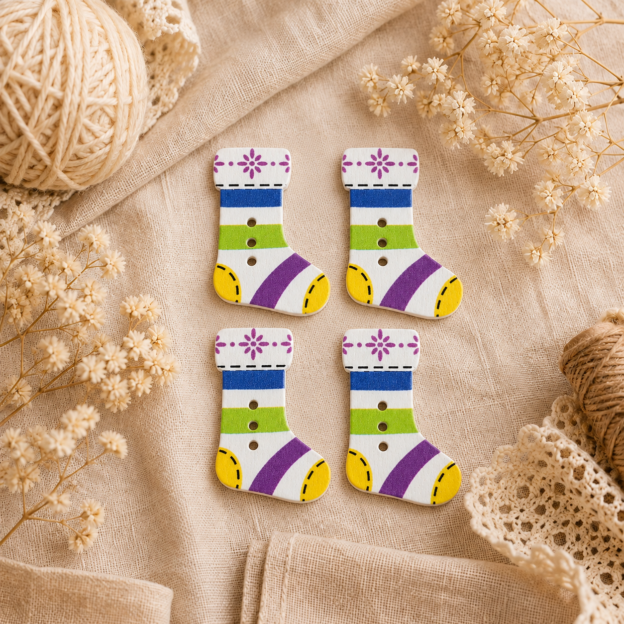 Boutons en bois « Chaussette de Noël multicolore »
