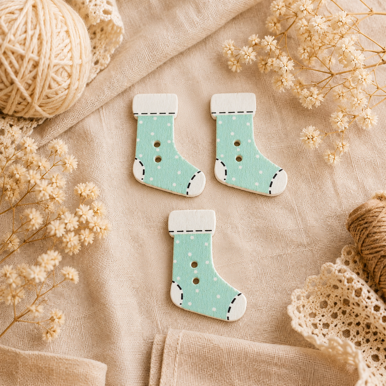 Boutons en bois « Chaussette de Noël - Bleu »