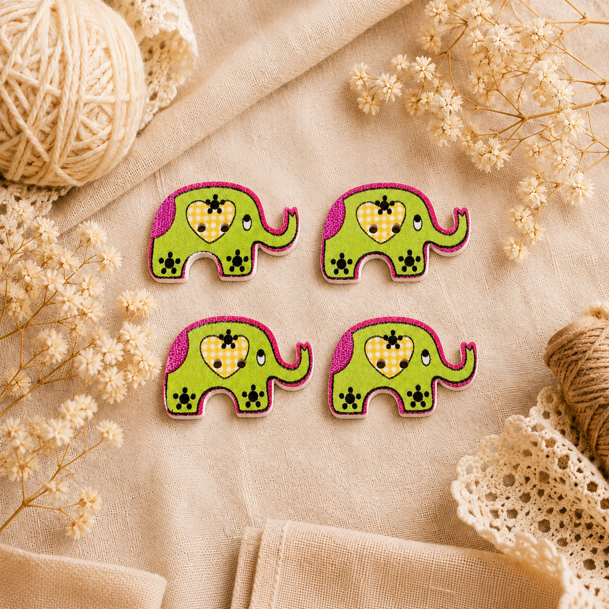 Boutons en bois « Éléphant - vert clair/rose »