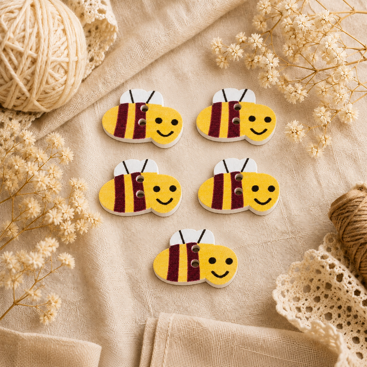 Boutons en bois « Abeille - Jaune/Bordeaux »