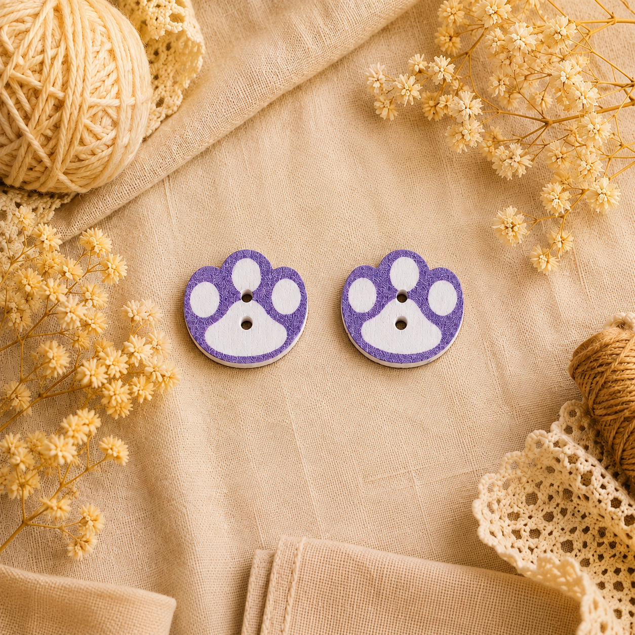 Boutons en bois « Patte - Violet »