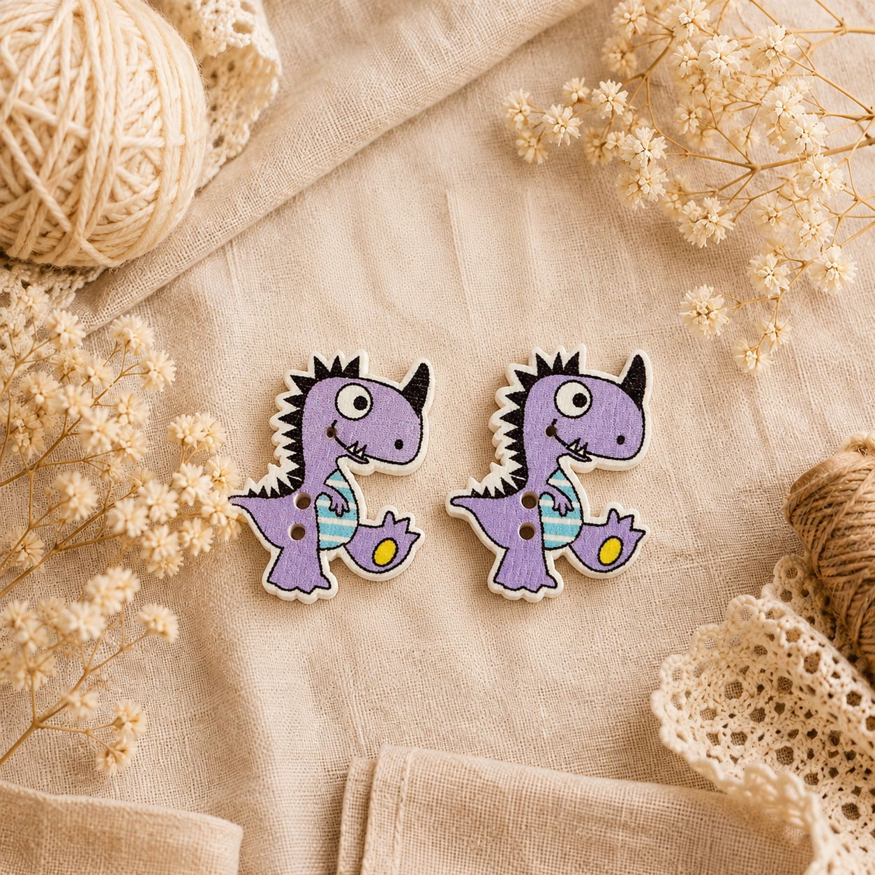 Boutons en bois « Dino-Lila »