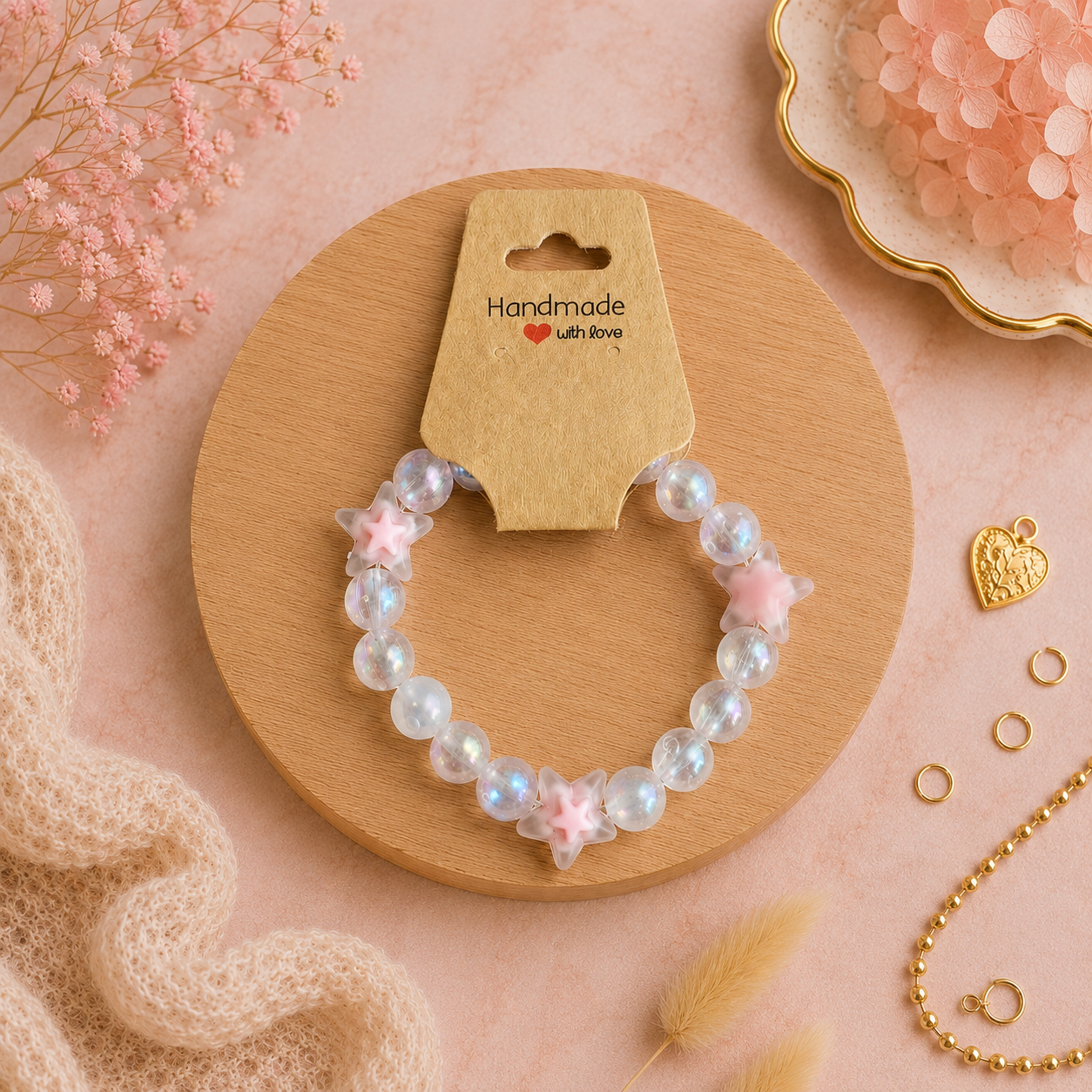Bracelet en perles de plastique - « Étoiles/Transparent » taille 16