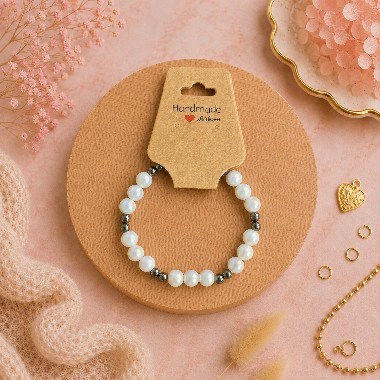 Bracelet en perles de plastique - « Nacre/Noir » taille 16