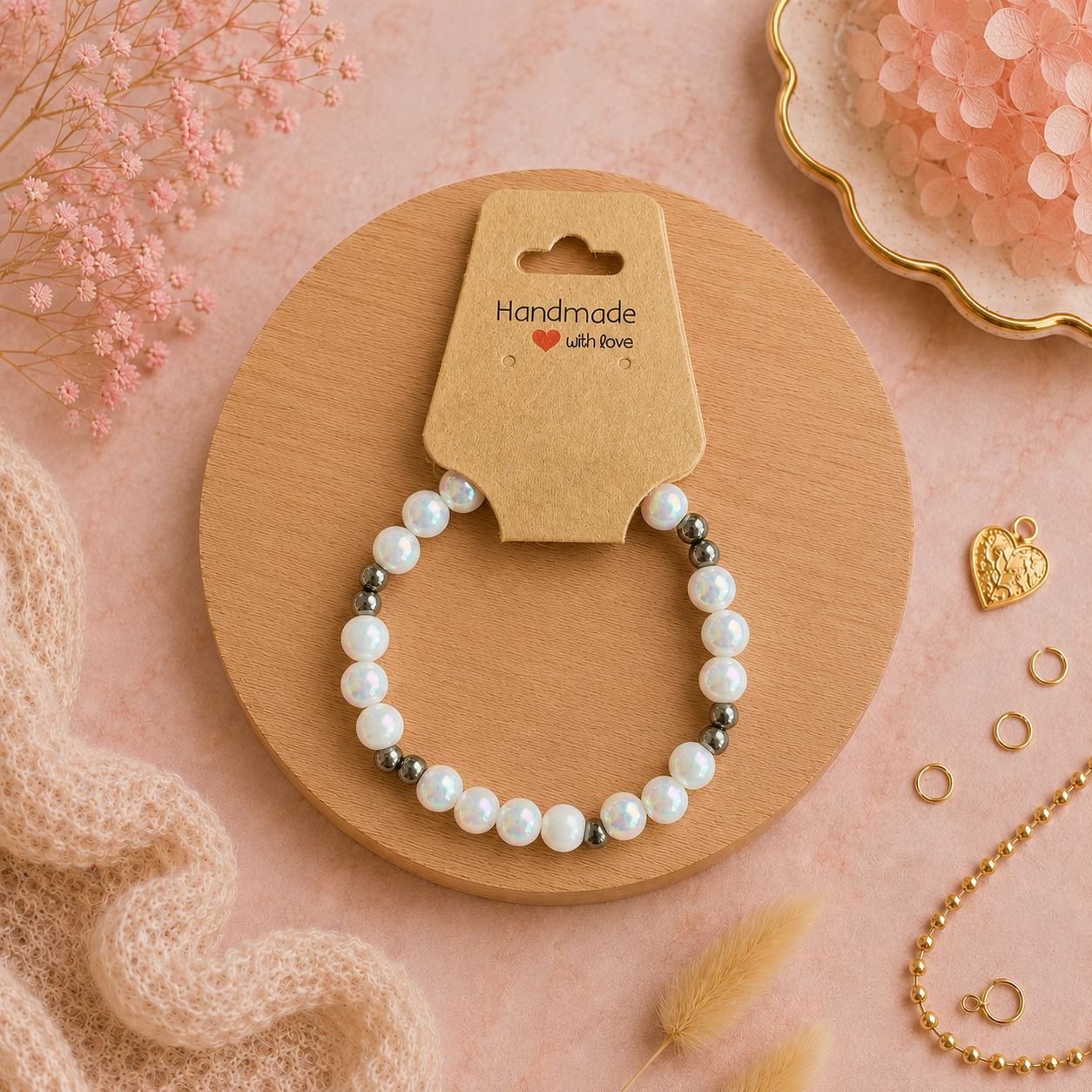 Bracelet en perles de plastique - « Nacre/Noir » taille 17