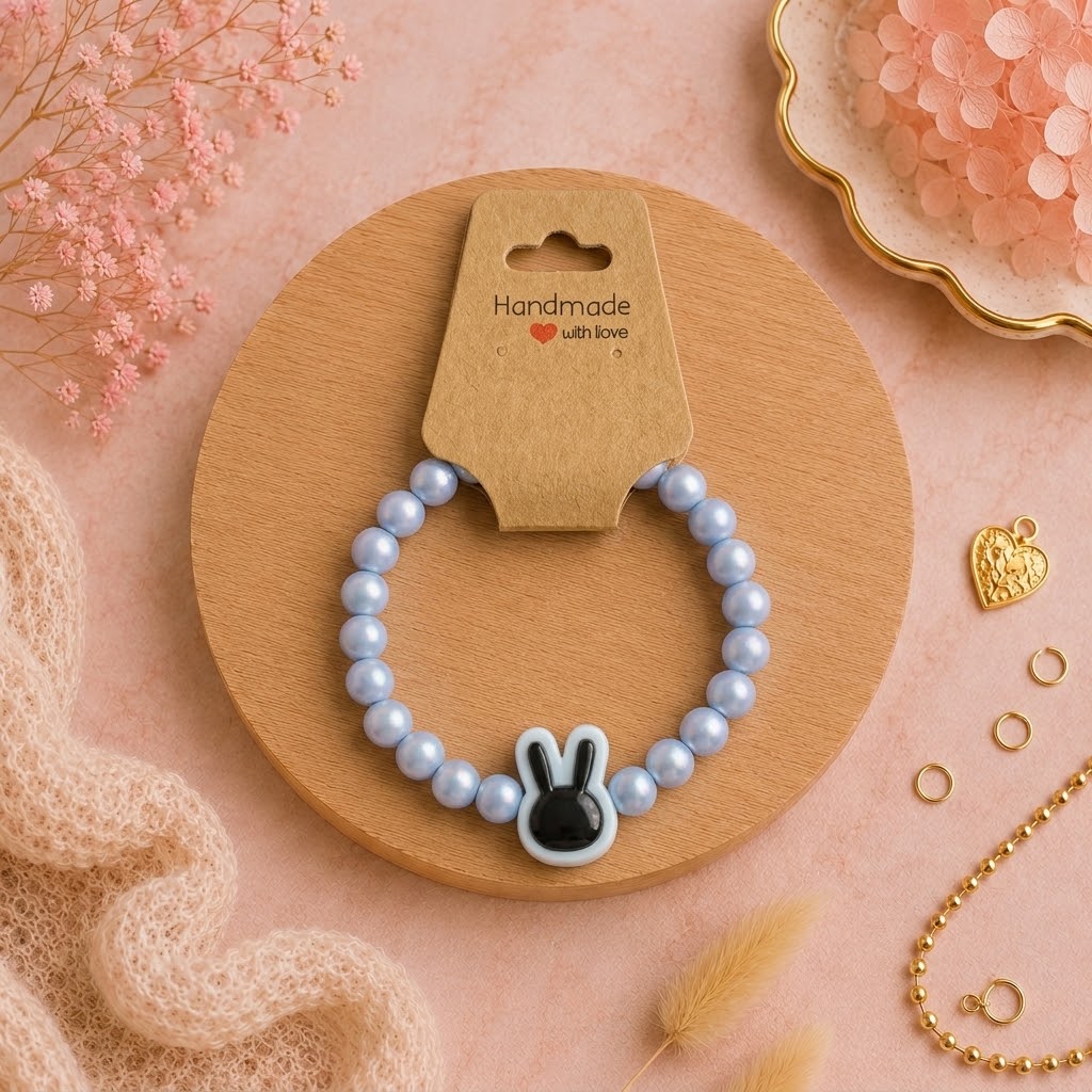 Bracelet en perles de plastique - « Lapin / Bleu mat » taille 17
