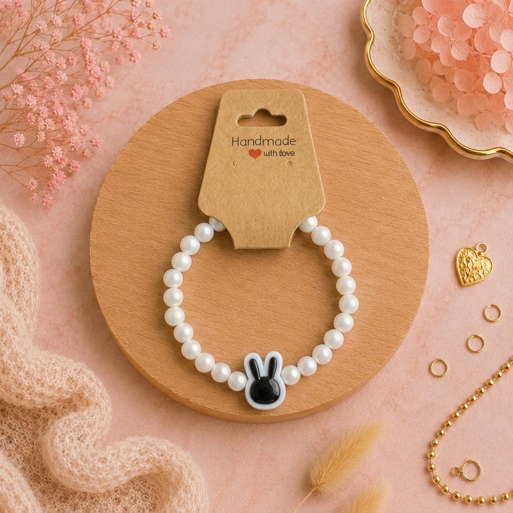 Bracelet en perles de plastique - « Lapin / Blanc mat » taille 19