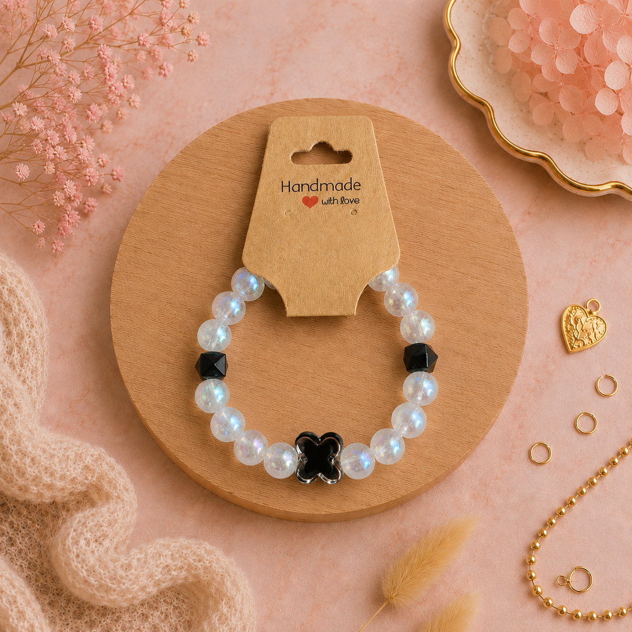 Bracelet en perles de plastique - « Fleur/Transparent » taille 17