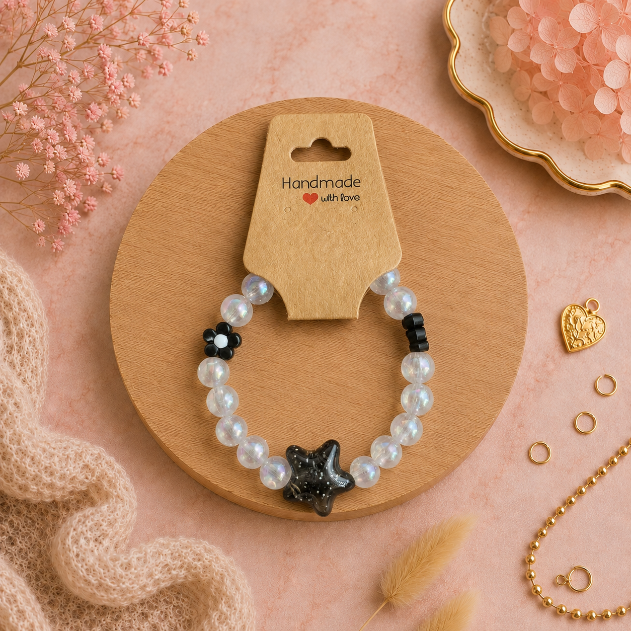 Bracelet en perles de plastique - « Étoiles et fleurs / Transparent » taille 18