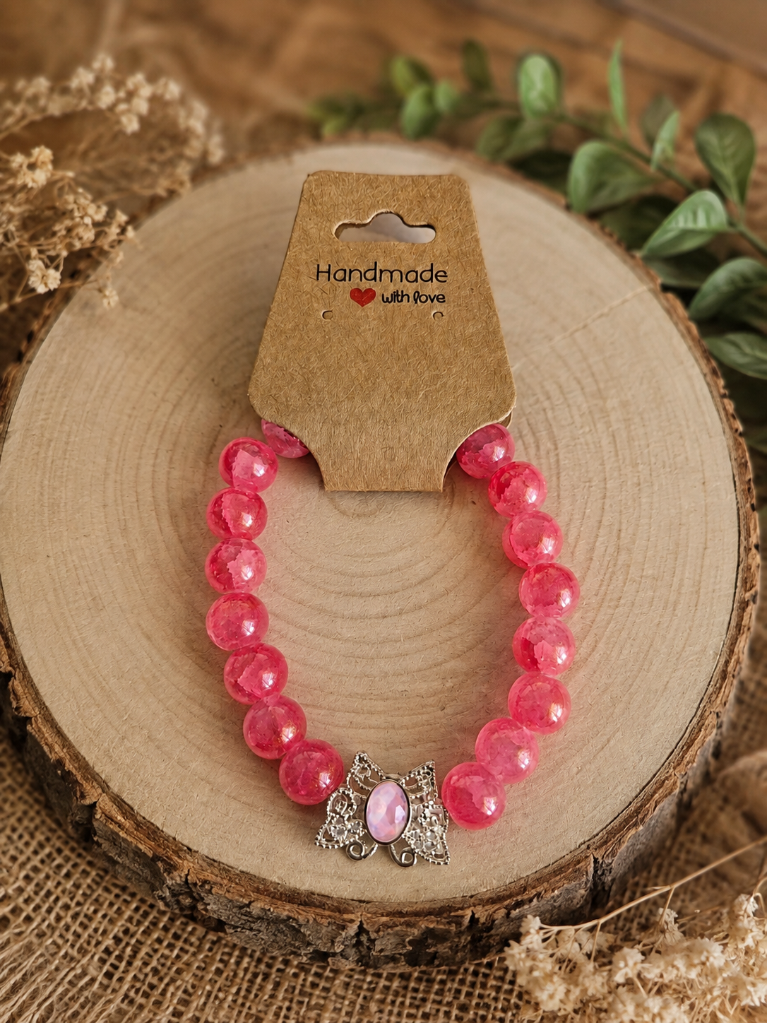 Glass bead bracelet – ‘Pink/Butterfly’ Size 16