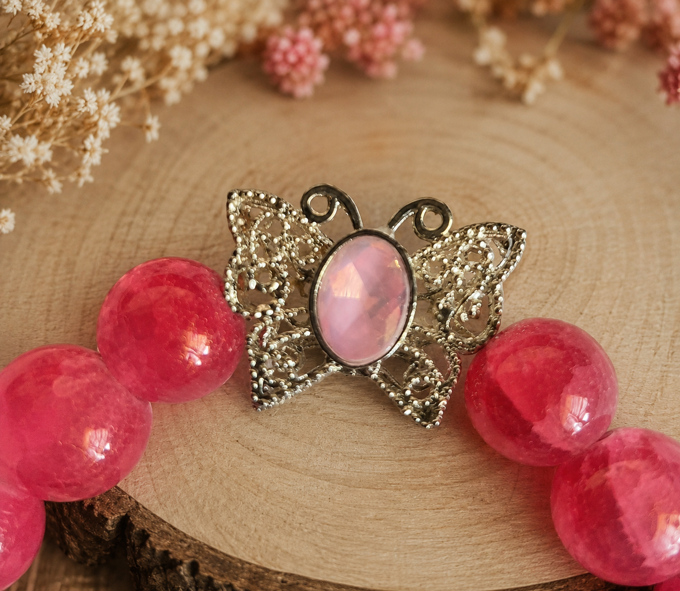 Glass bead bracelet – ‘Pink/Butterfly’ Size 16