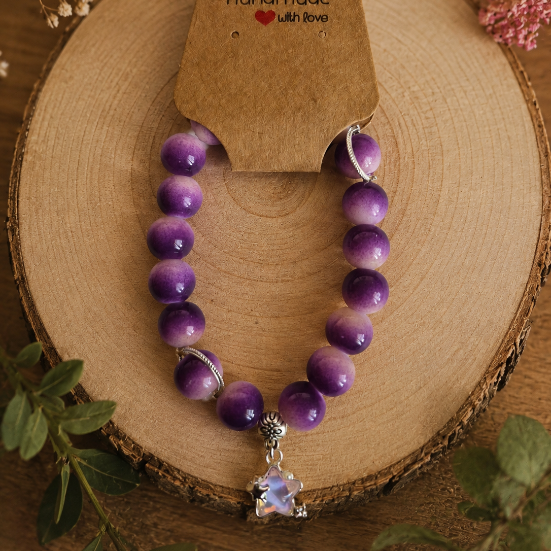 Glass bead bracelet – ‘Purple/Star’ Size 16