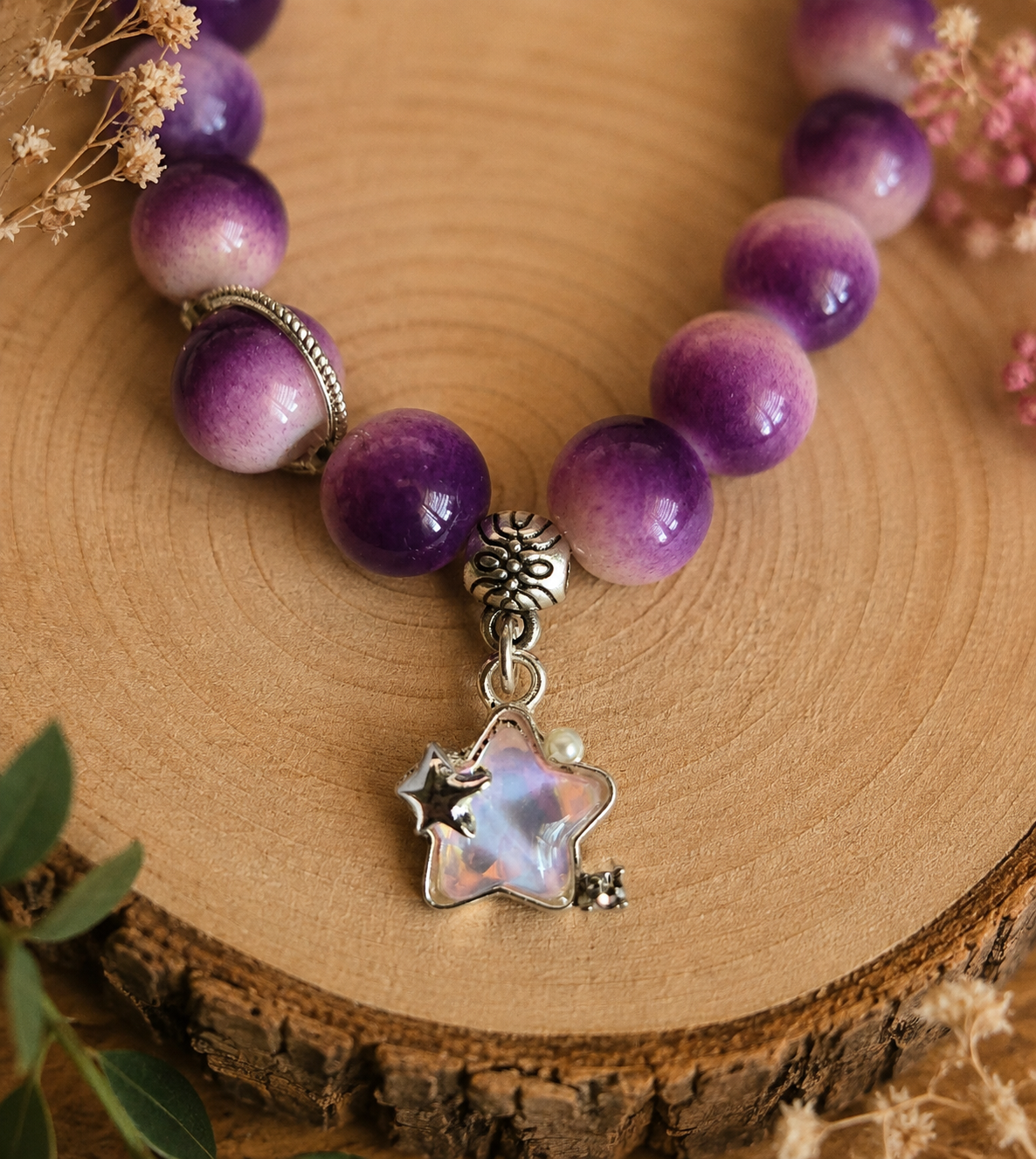 Glass bead bracelet – ‘Purple/Star’ Size 16