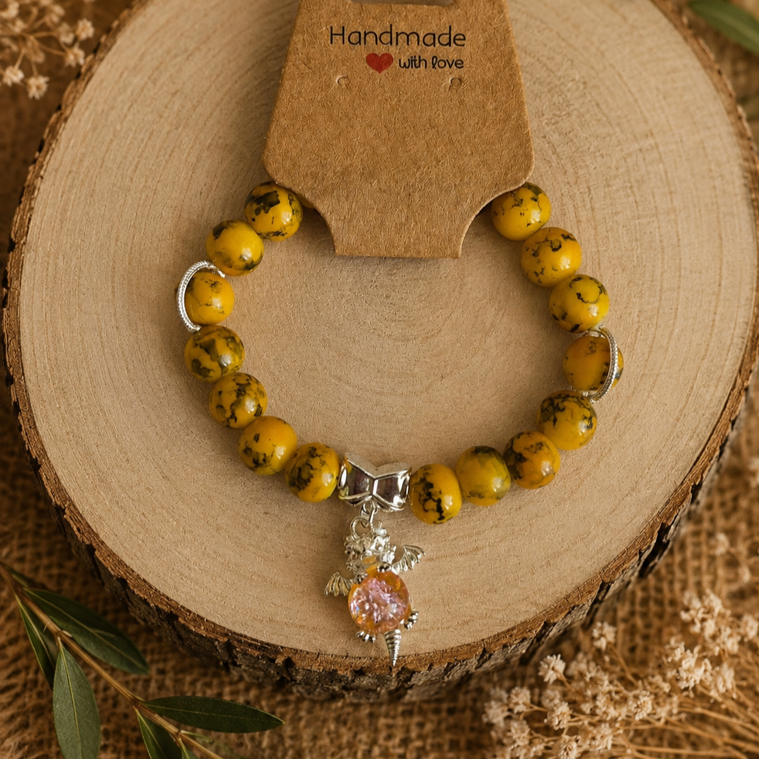 Glass bead bracelet – ‘Yellow/Dragon’ Size 16
