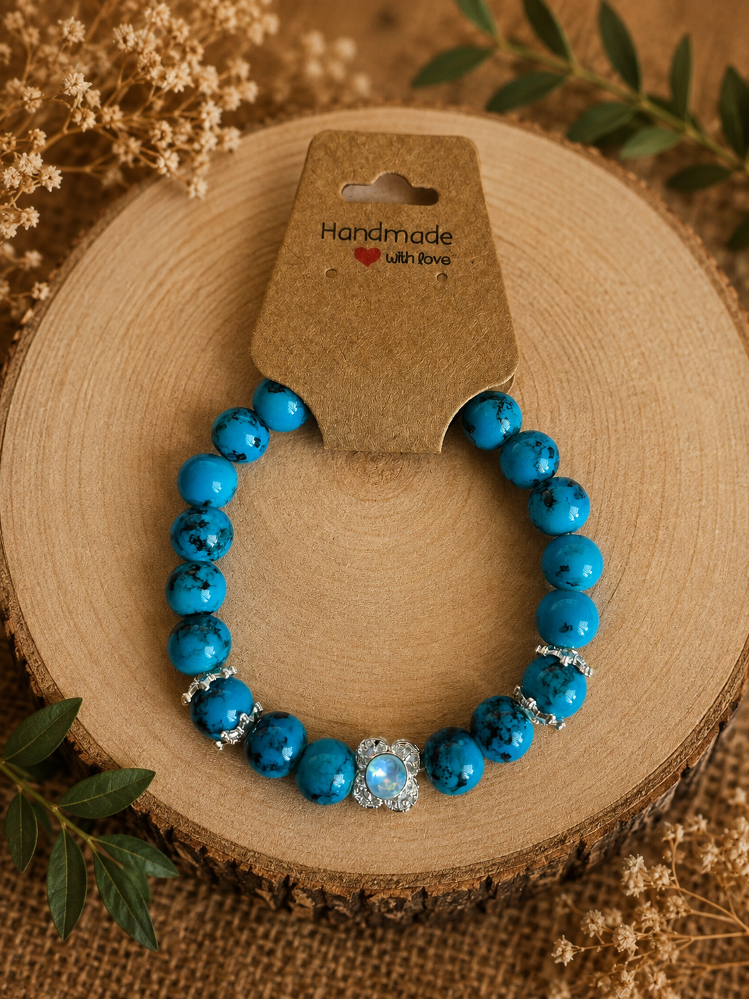 Glass bead bracelet – ‘Blue/Flower’ Size 18