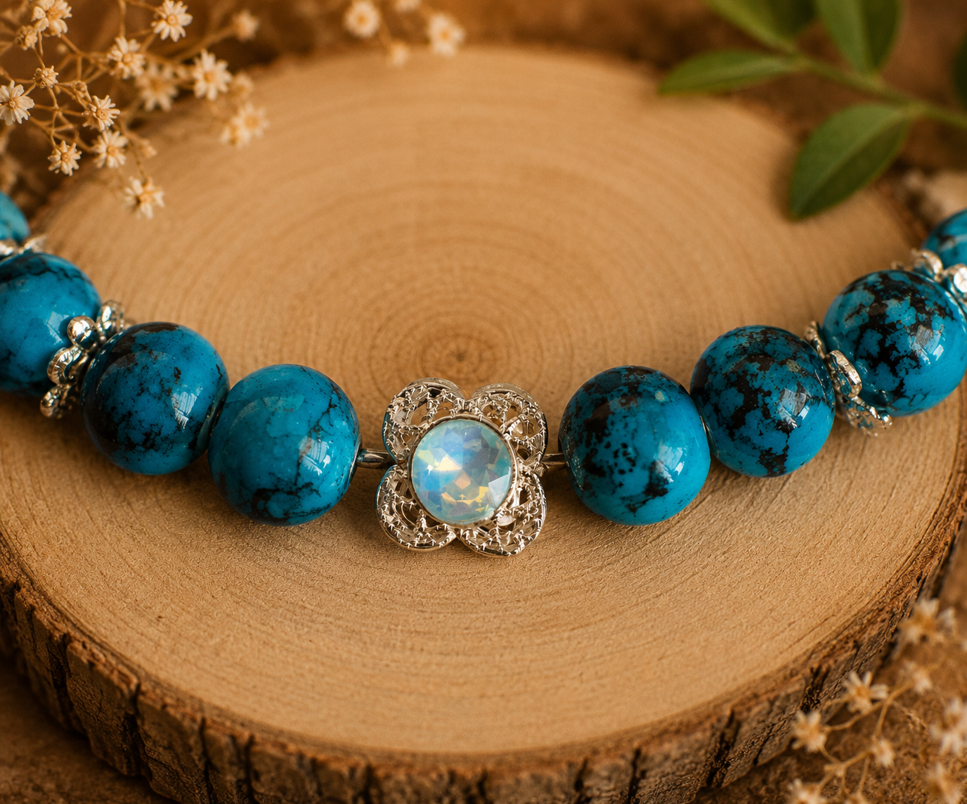 Glass bead bracelet – ‘Blue/Flower’ Size 18