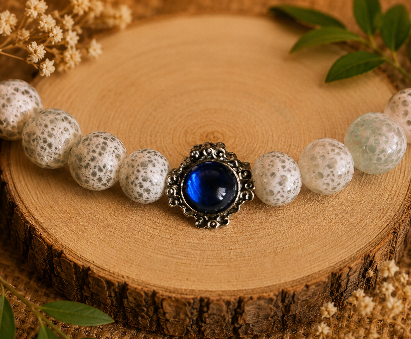 Glass bead bracelet – ‘White/Diamond’ Size 19