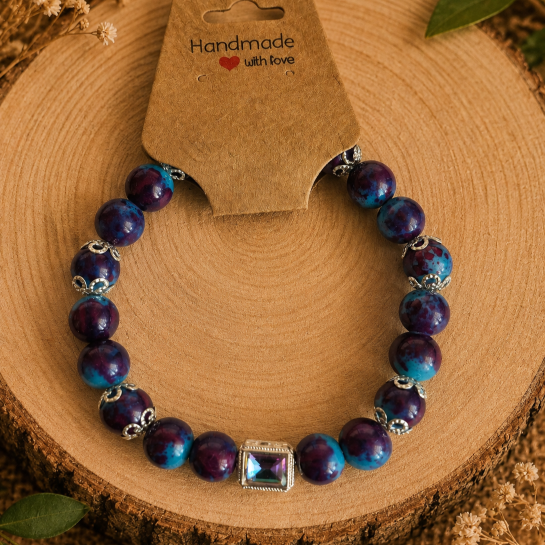 Glass bead bracelet – ‘Purple/Rectangle’ Size 19