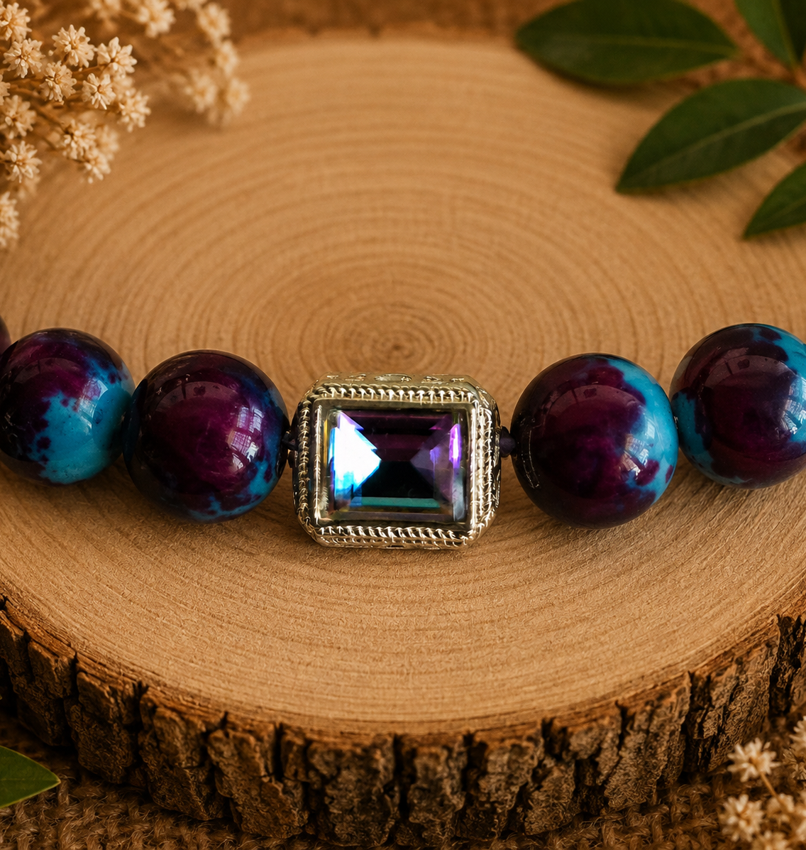 Glass bead bracelet – ‘Purple/Rectangle’ Size 19