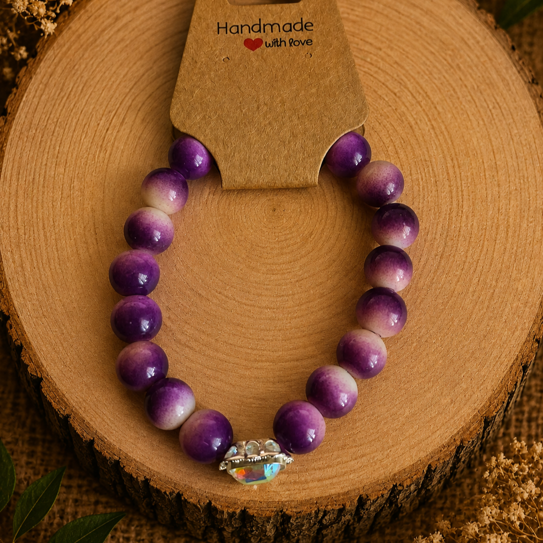 Glass bead bracelet – ‘Purple/Flower’ Size 17
