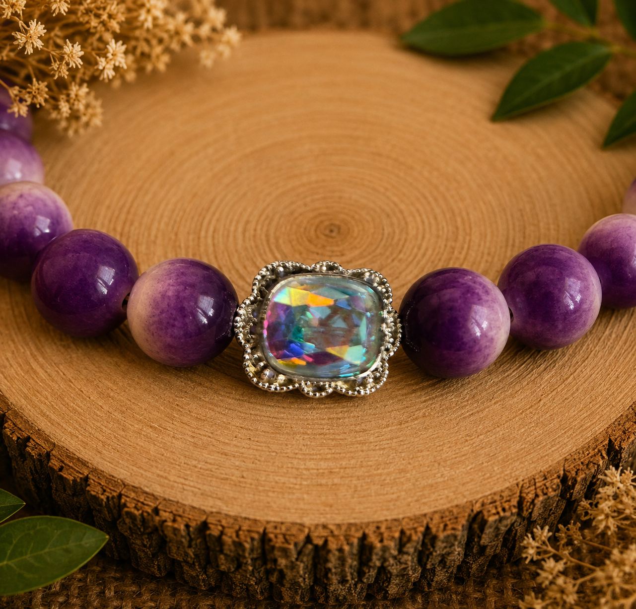 Glass bead bracelet – ‘Purple/Flower’ Size 17