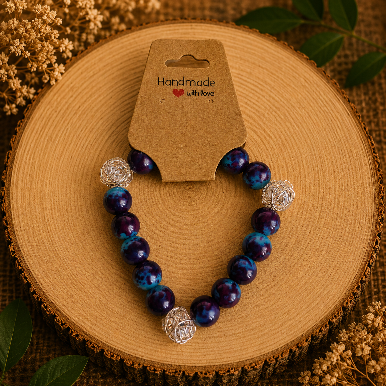 Glass bead bracelet – ‘Purple/Round’ Size 16