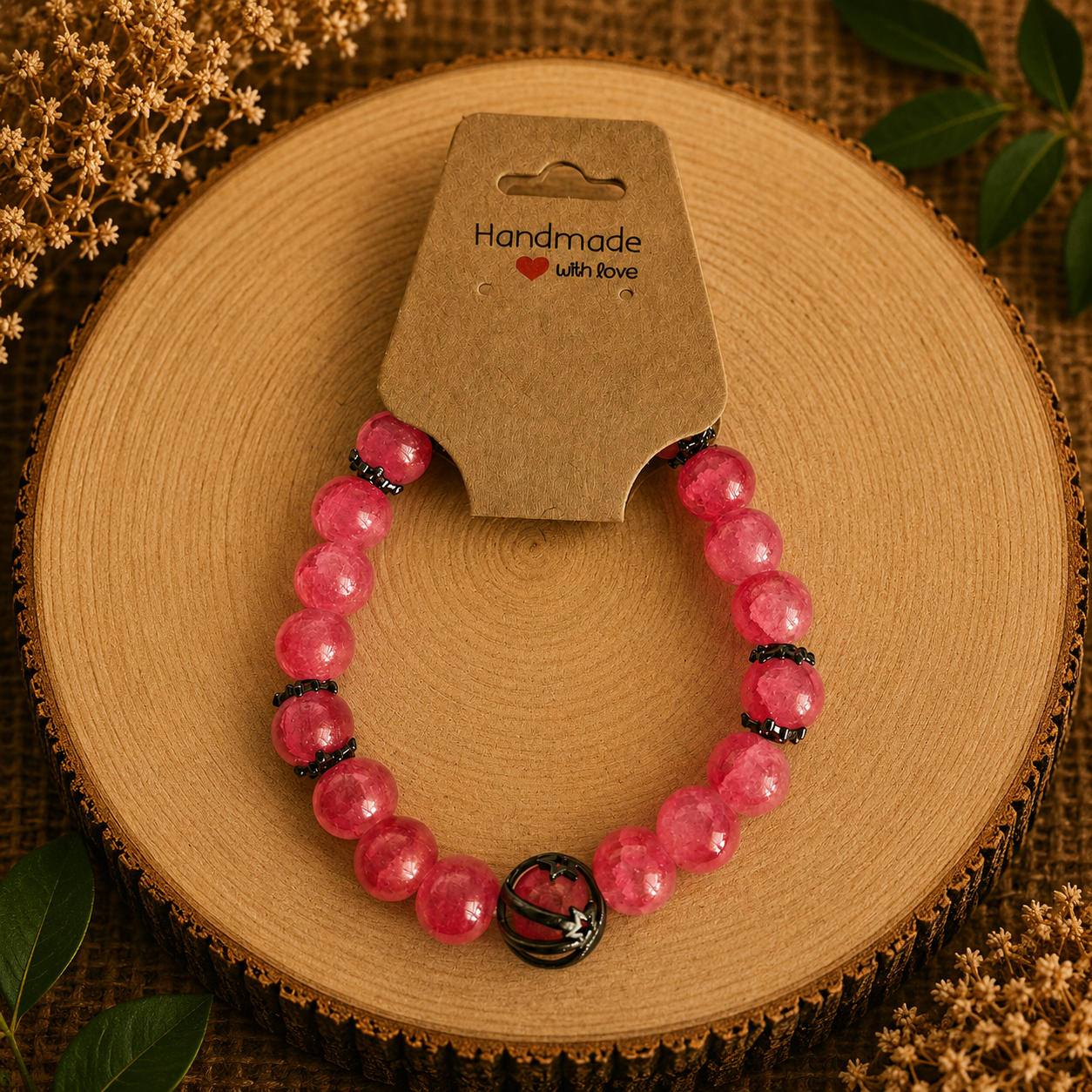 Glass bead bracelet – ‘Pink/Accessories’ Size 17