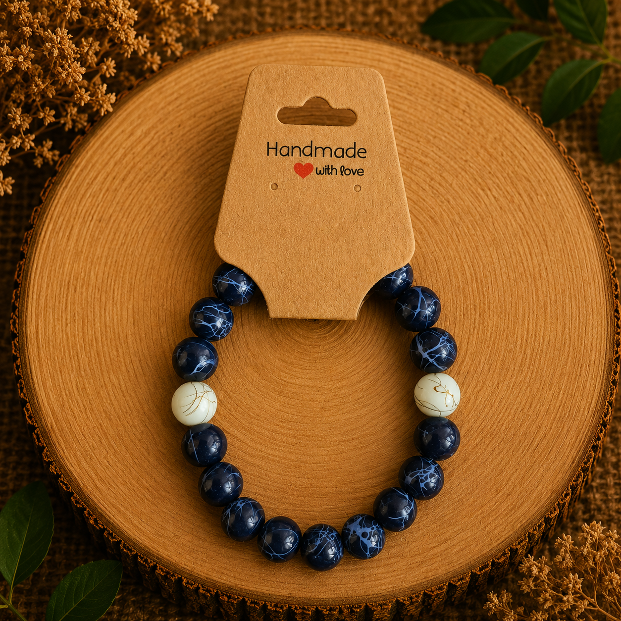 Glass bead bracelet – ‘Dark blue/white’ Size 16
