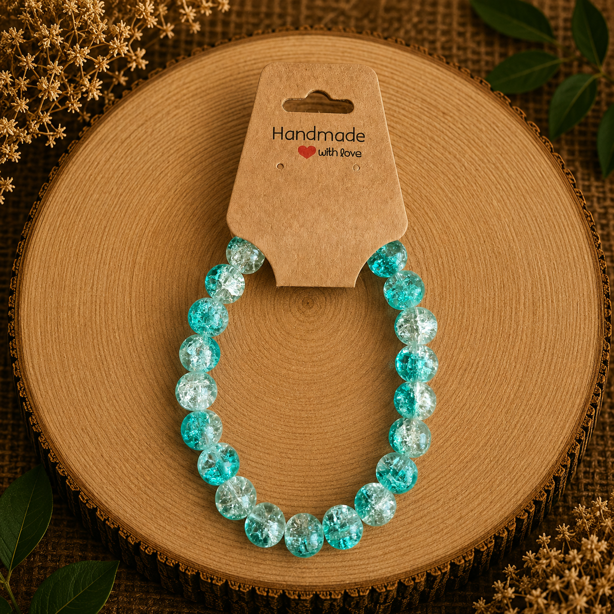 Glass bead bracelet – ‘Turquoise/White’ Size 18