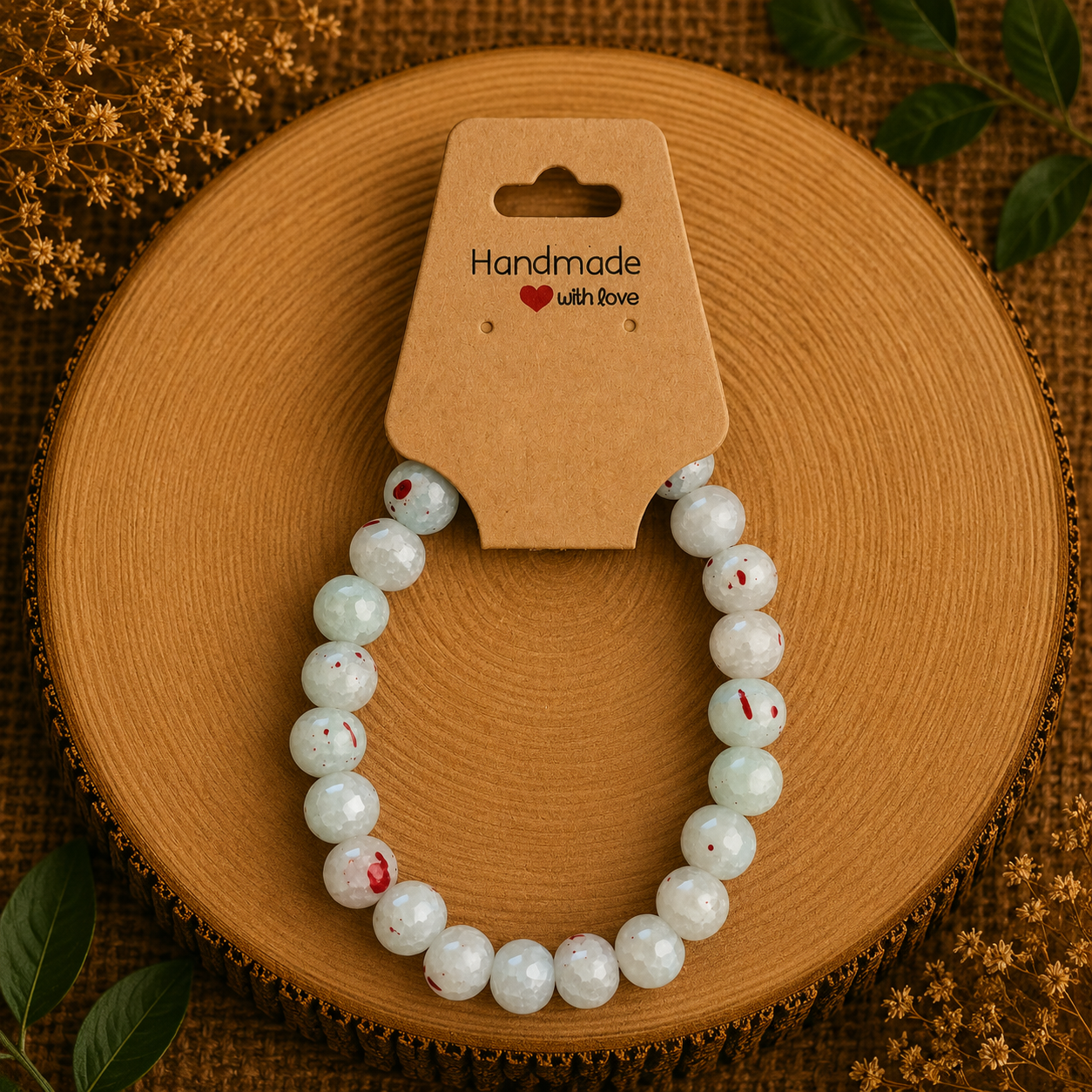 Glass bead bracelet – ‘Light blue/red’ Size 18