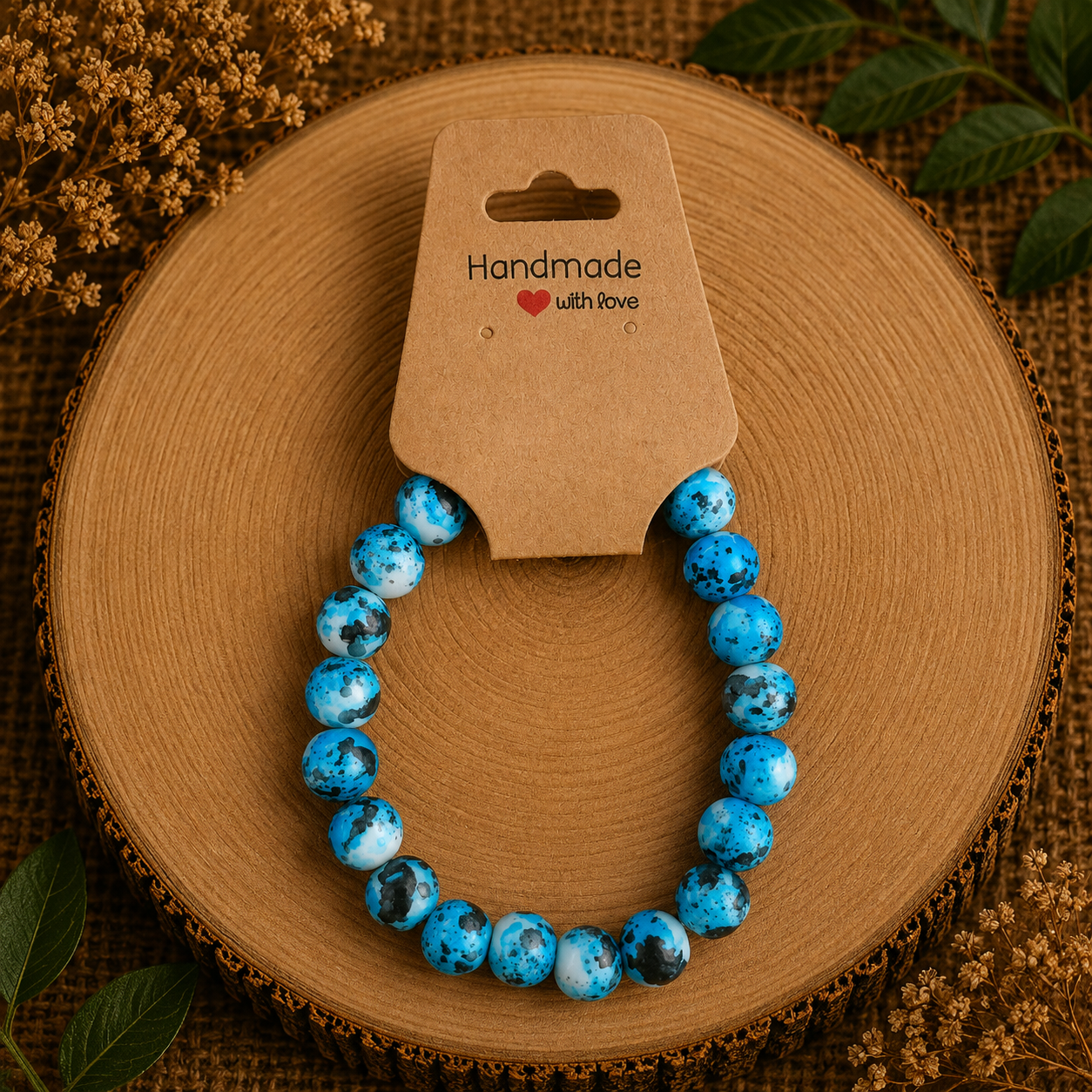 Glass bead bracelet – ‘Blue/White/Black’ Size 19
