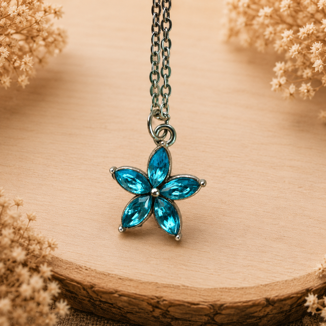 Edelstahlhalskette "Blume/Blau"