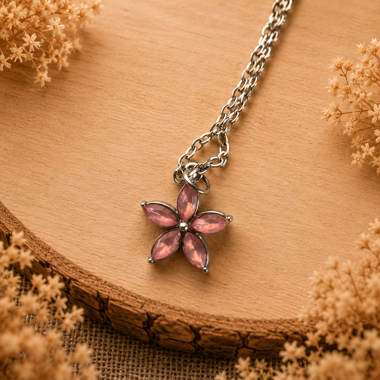 Edelstahlhalskette "Blume/Rosa"