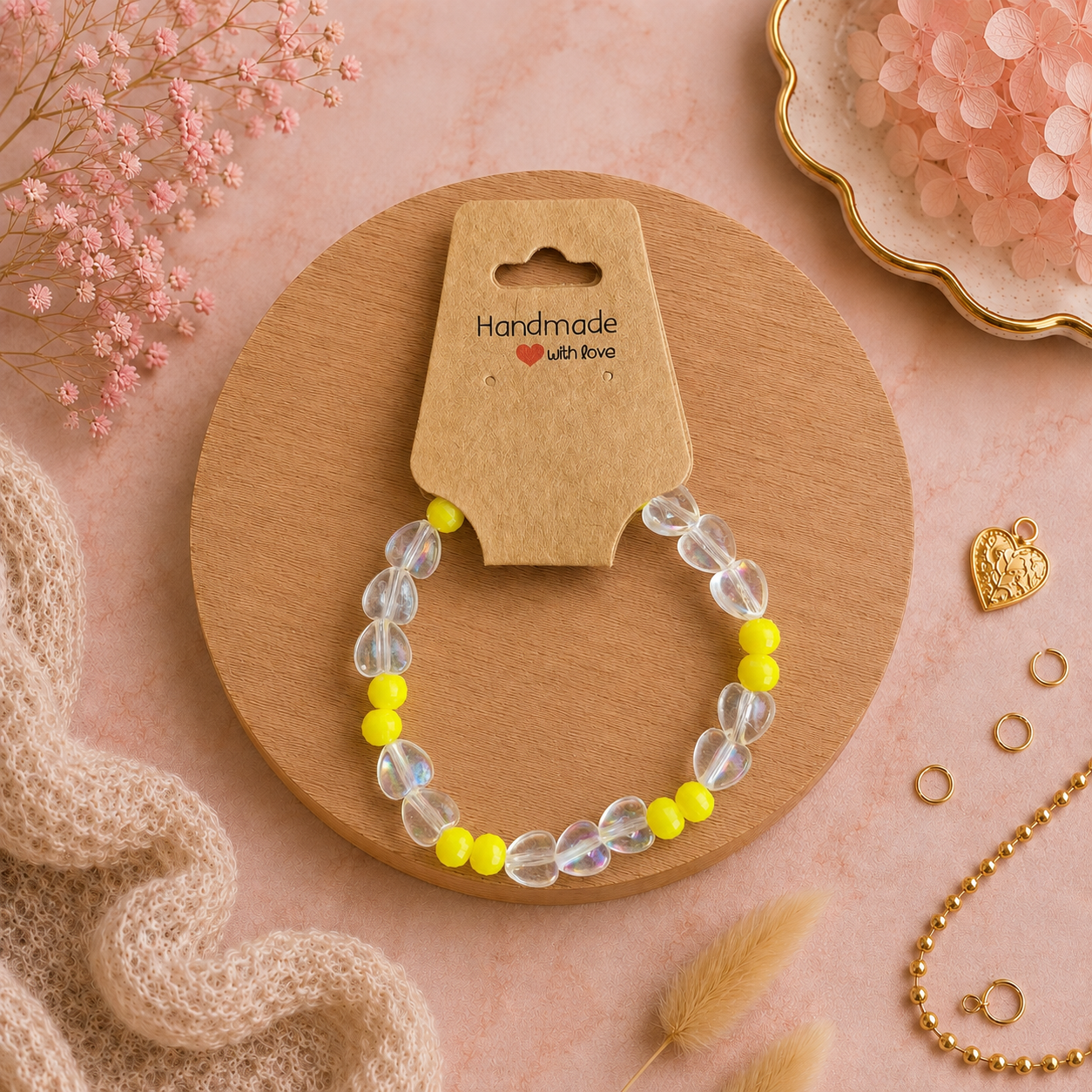 Bracelet en perles de plastique - « Cœurs / Transparent / Jaune » taille 16