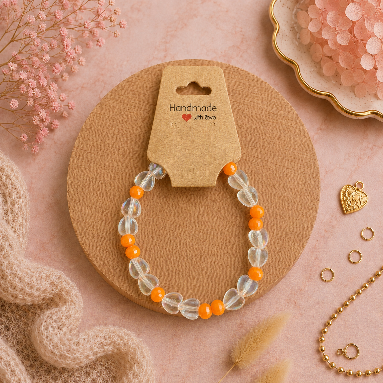 Bracelet en perles de plastique - « Cœurs / Transparent / Orange » taille 17