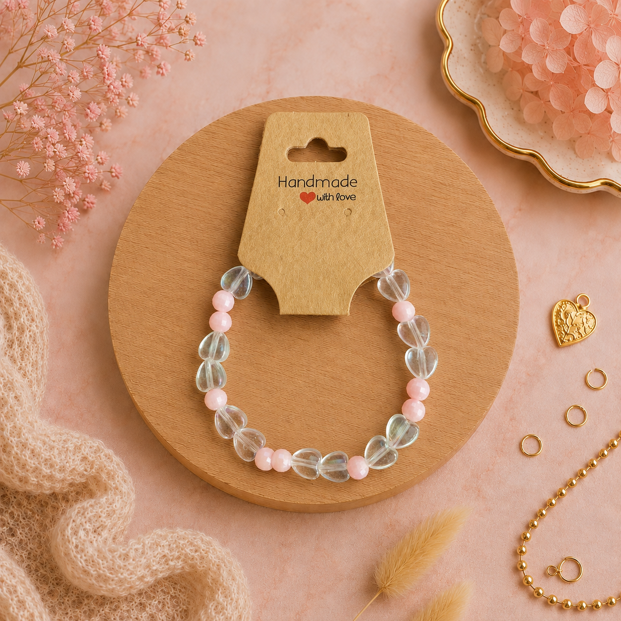 Bracelet en perles de plastique - « Cœurs / Transparent / Rose » taille 17