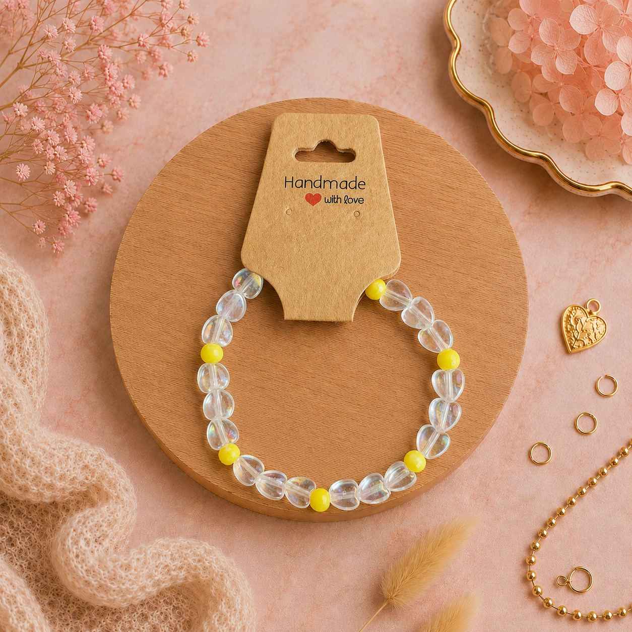 Bracelet en perles de plastique - « Cœurs / Transparent / Jaune » taille 18