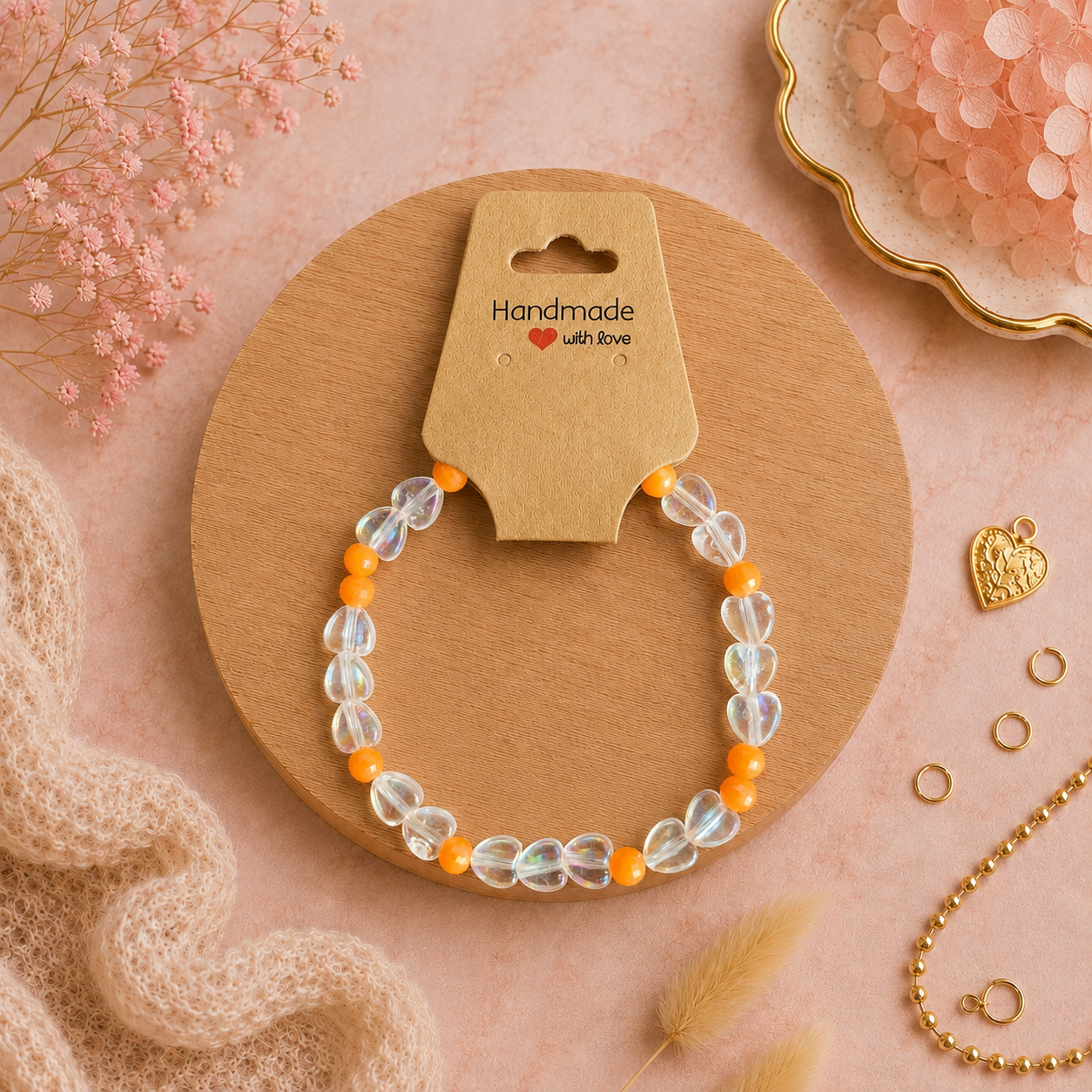 Bracelet en perles de plastique - « Cœurs / Transparent / Orange » taille 19