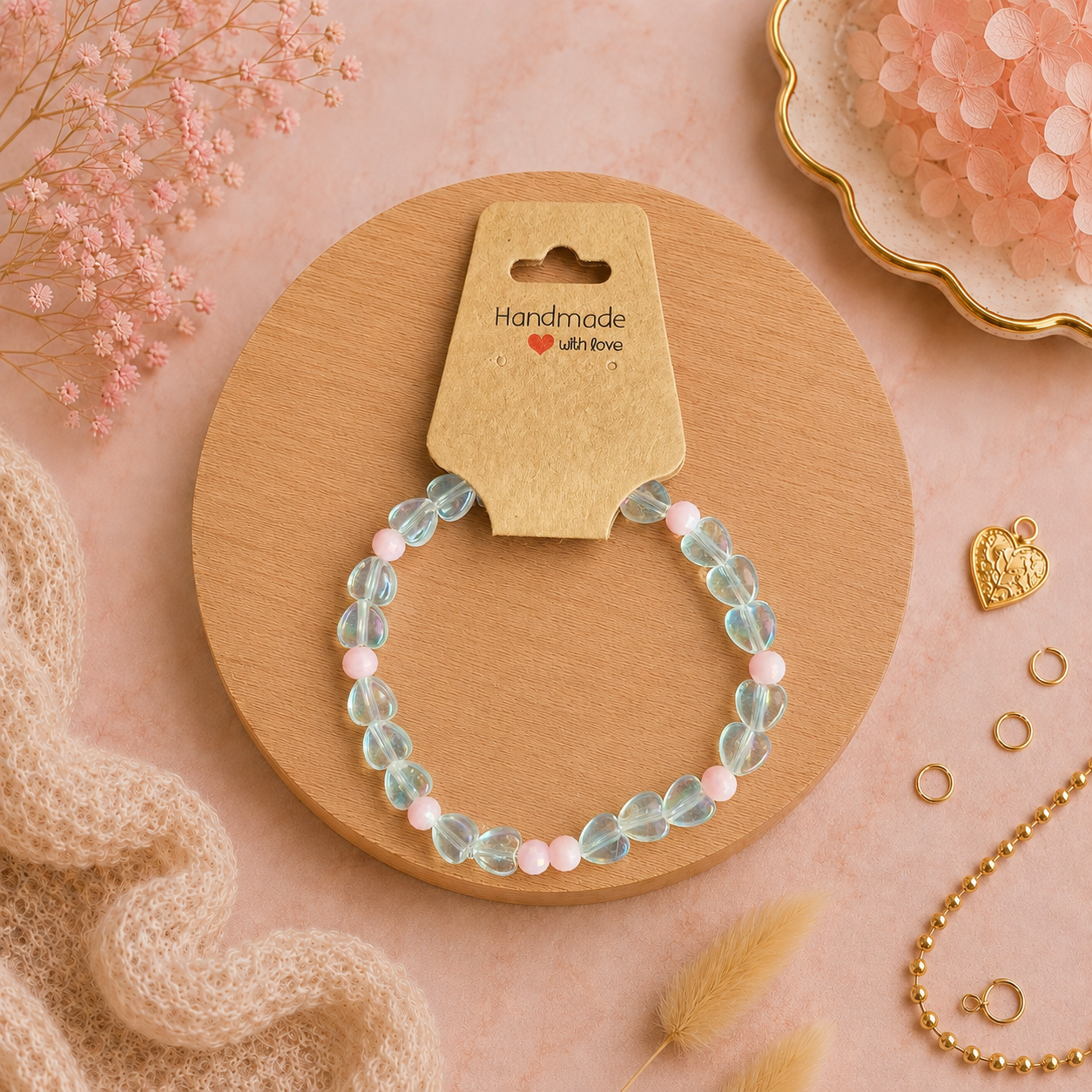 Bracelet en perles de plastique - « Cœurs / Transparent / Rose » taille 19