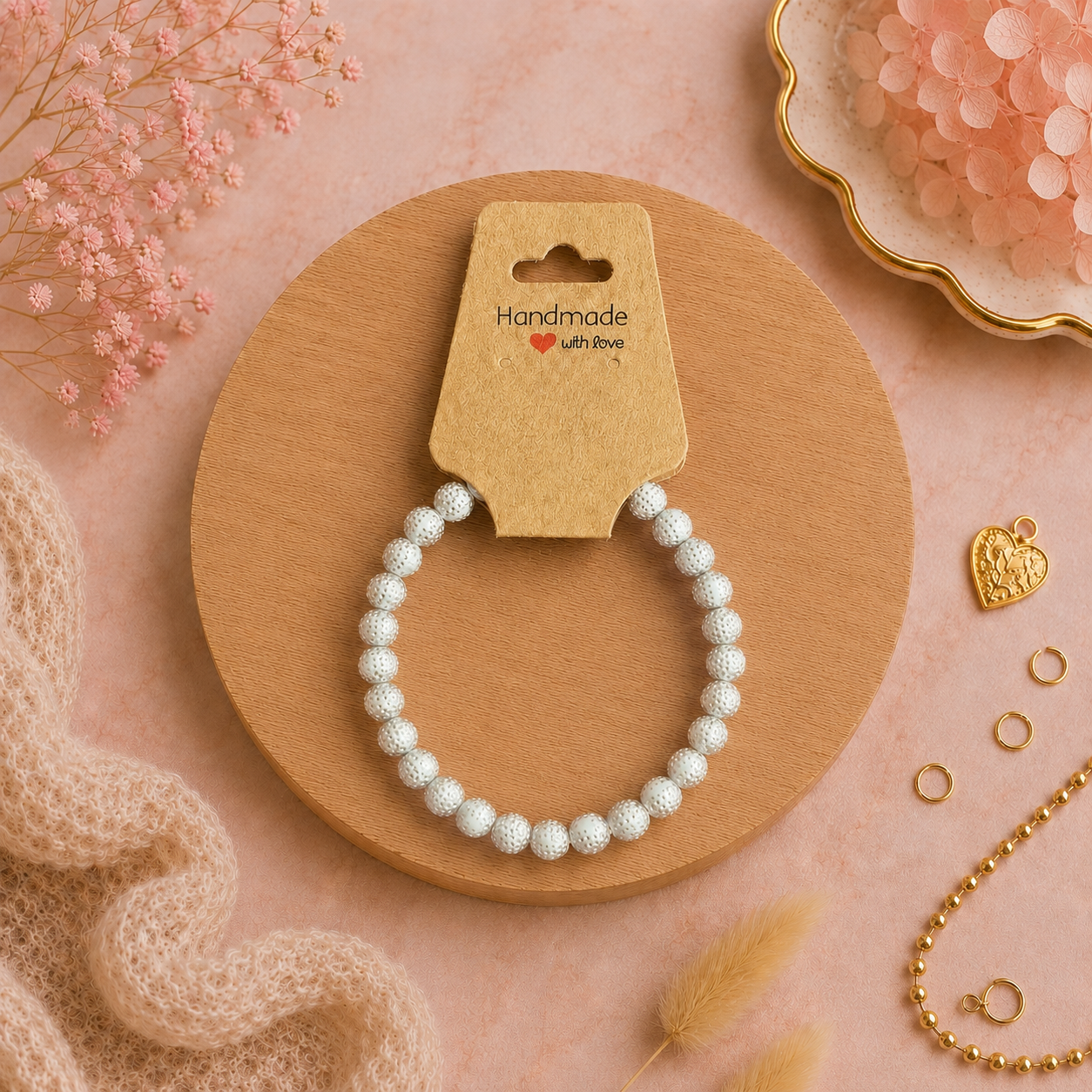 Bracelet en perles de plastique - « Blanc/points argentés » taille 16